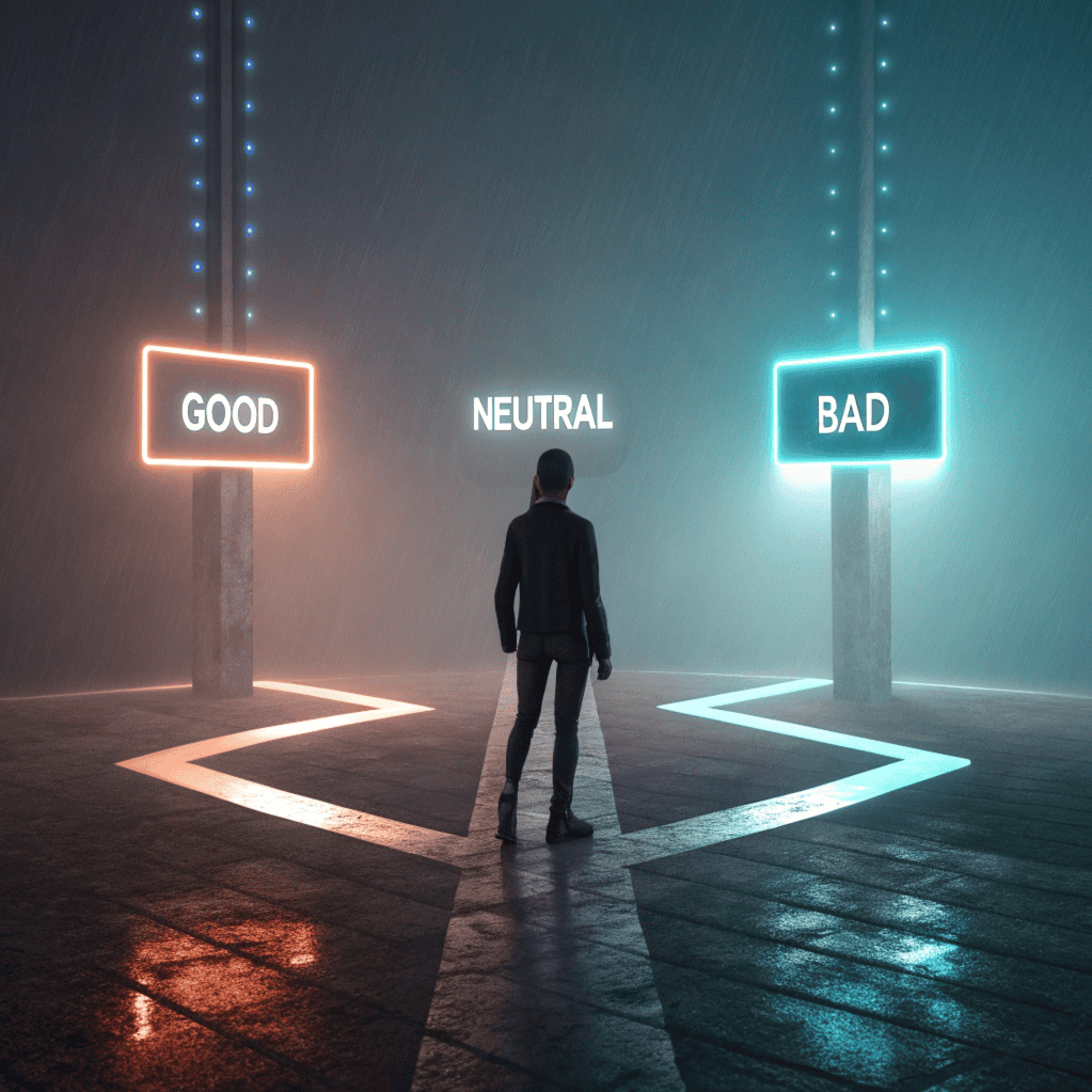 A figure standing at a crossroads labeled 'Good,' 'Neutral,' and 'Bad,' with a holographic AI presence guiding them towards 'Good,' concept art style.