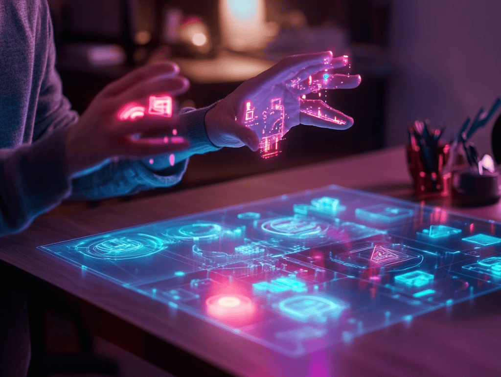 A developer creating an augmented reality interface, with 3D holographic elements overlaying real-world objects in a sleek, modern workspace; digital interaction with virtual objects using hand gestures, bright and futuristic, high-tech visuals, neon accents