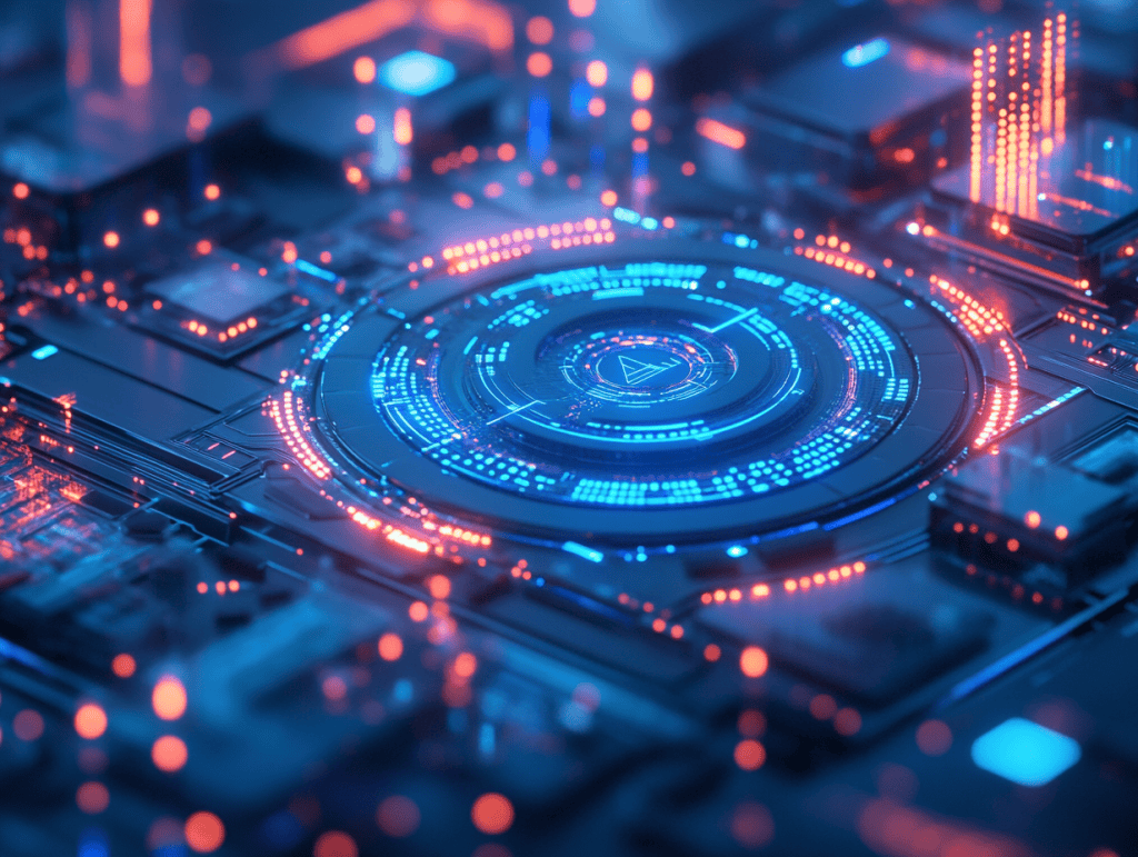 A digital shield surrounding a computer network, with AI-powered security protocols analyzing data streams in real-time, sleek and futuristic, neon blue highlights against a dark background, realistic digital art, strong contrast