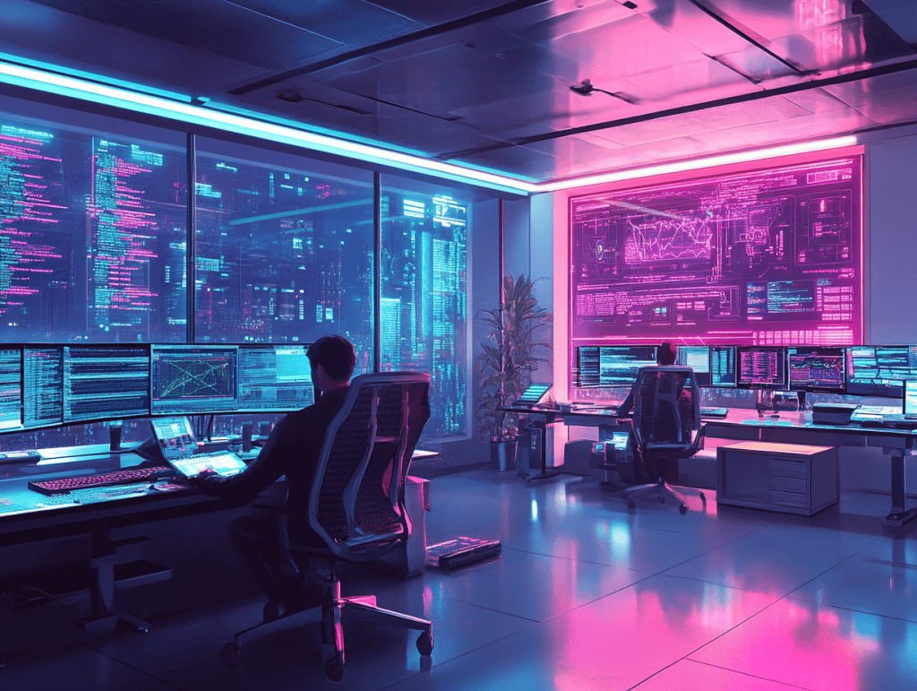 A futuristic office environment with software developers coding alongside AI-powered tools and holographic screens displaying machine learning algorithms and data analysis, high detail, modern lighting, digital artwork style.