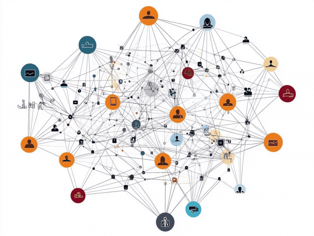 A graphic representation of a web or network of social media connections, showing different levels of influence.