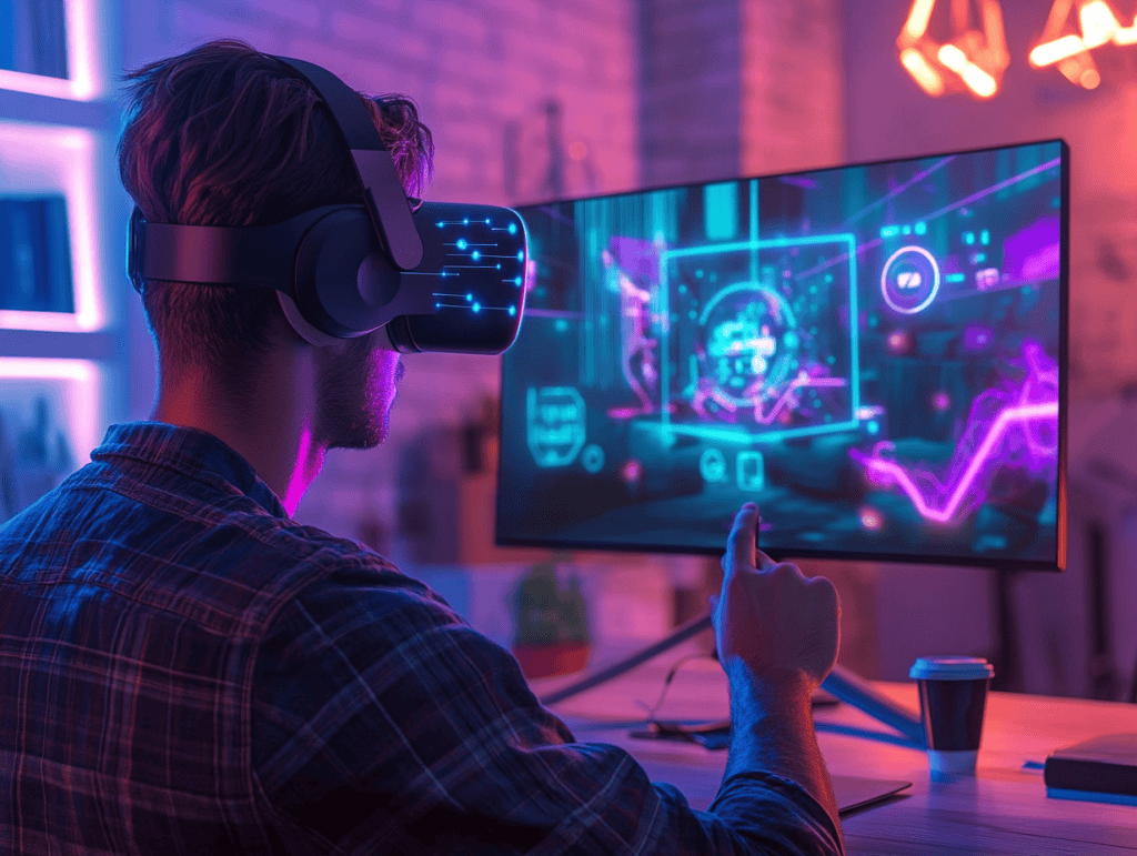 A mixed reality setup where users interact with both real and virtual objects, blending the physical and digital worlds in a seamless way, high contrast with neon highlights, modern workspace, interactive holographic elements, highly realistic with digital overlays