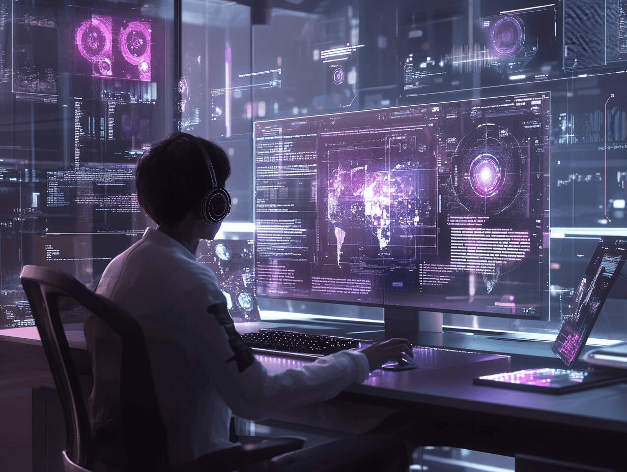 A modern workspace scene with a user engaging with generative AI tools on a sleek computer screen, surrounded by holographic projections of text and art, hyper-realistic style.