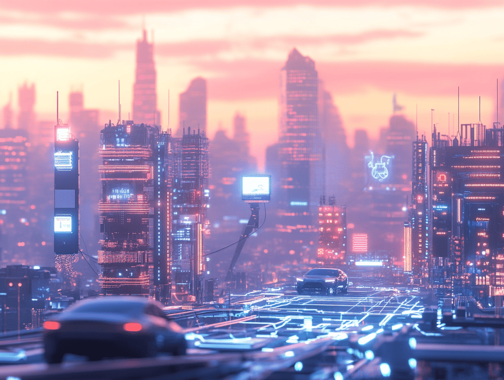 A network of connected devices (smart home, car, wearable) transmitting data to a nearby server, representing edge computing and IoT, set in a cityscape background, with a futuristic yet realistic feel, electronic circuits in the background, dusk lighting