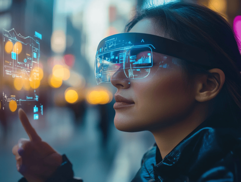 A person using augmented reality glasses in a cityscape, with navigation routes and information icons overlaying real-world locations, sharp focus on AR interface, high detail, realistic style, ambient city lighting, sleek and modern