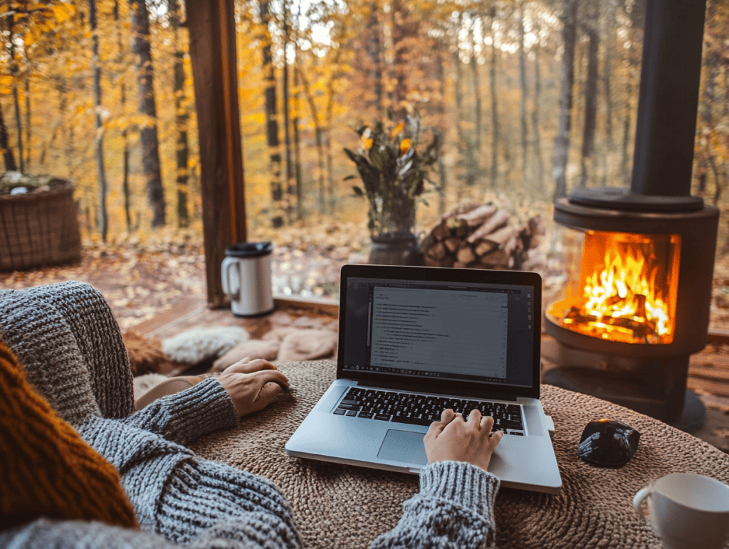 A person working on a laptop from a cozy, modern living space or outdoors in a forest with autumn leaves.