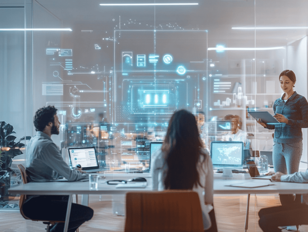 A sleek, modern office setting with people collaborating and AI tools shown as integrated parts of their workflow