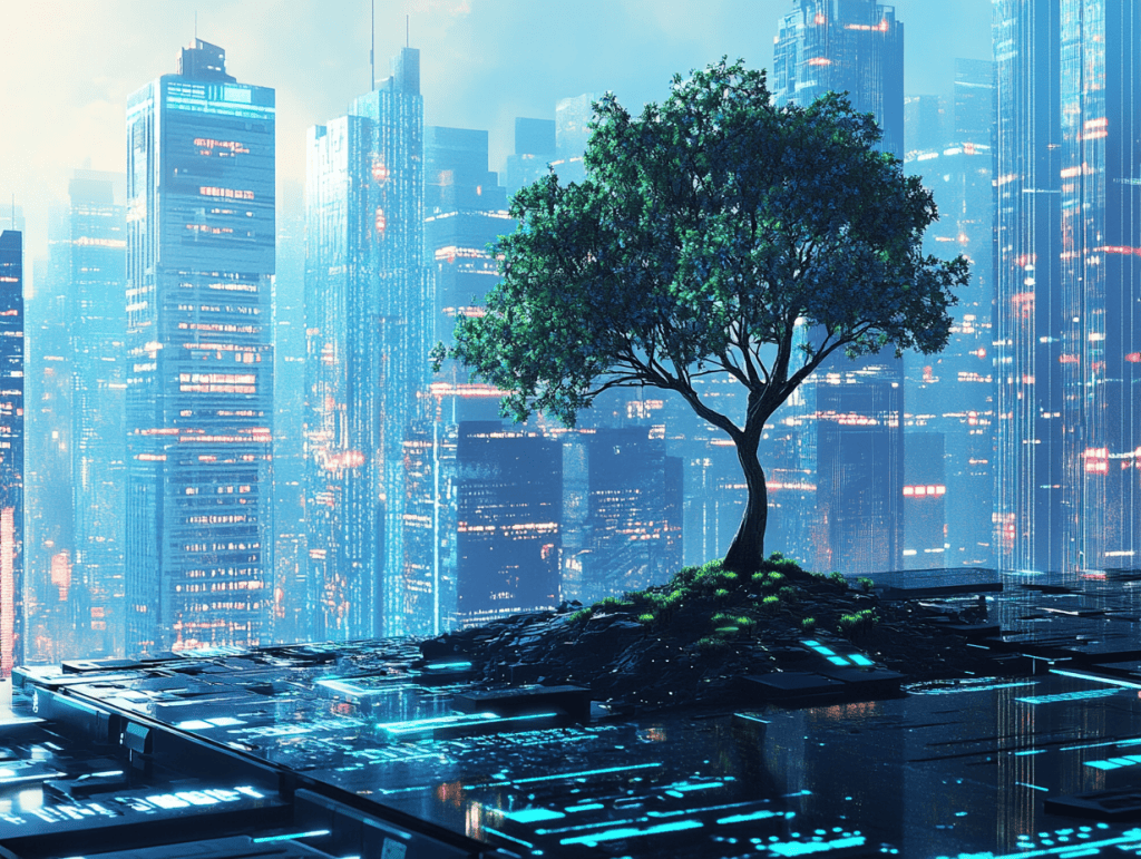 A symbolic representation of AI as a young sapling growing in a futuristic digital landscape, with subtle nods to academic buildings in the background, cyberpunk art style.