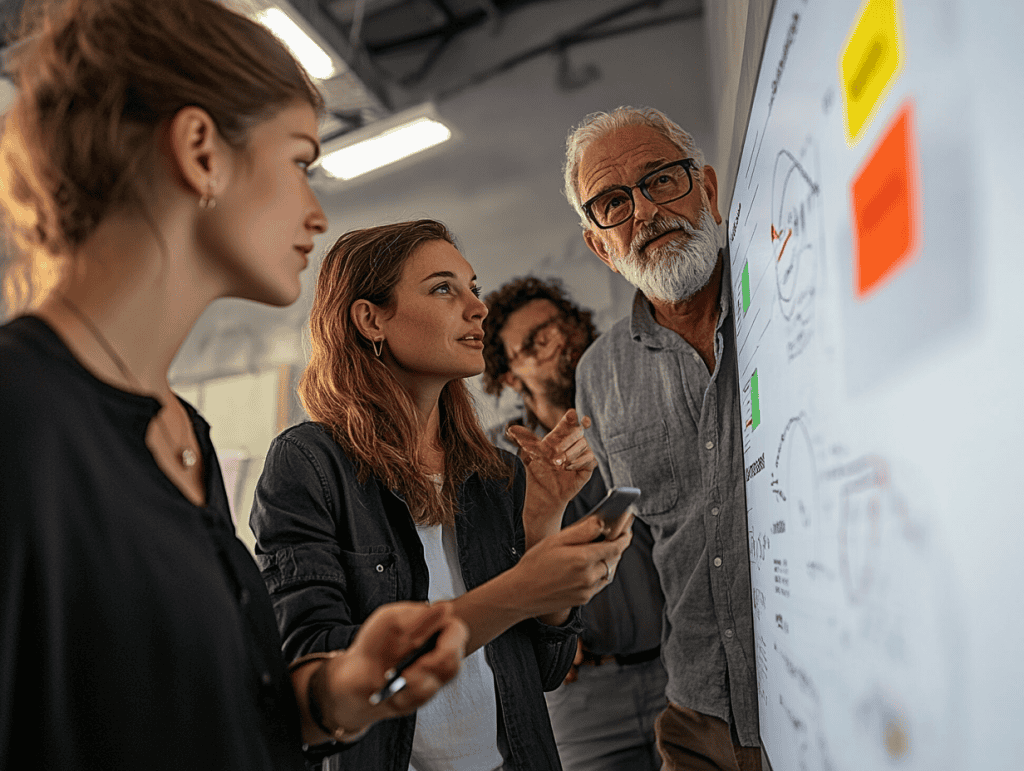 A team of software developers discussing a software interface tailored for a specific business