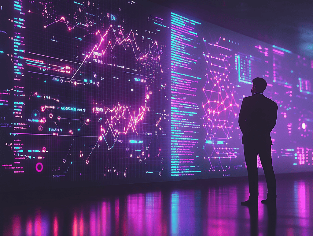 A vibrant data visualization scene with a business leader standing in front of a massive digital screen showing AI-driven analytics graphs and charts, with neural networks and interconnected data nodes glowing in the background, cinematic lighting, high-tech aesthetics