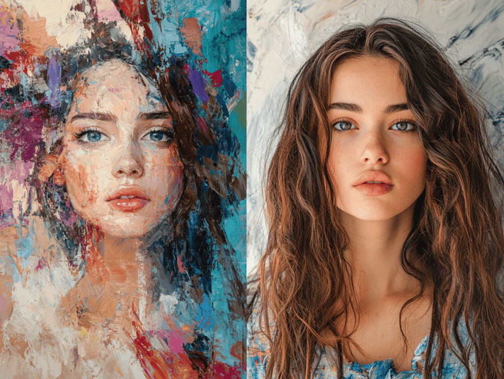 An AI-generated artwork displayed side by side with a traditional painting or photograph.