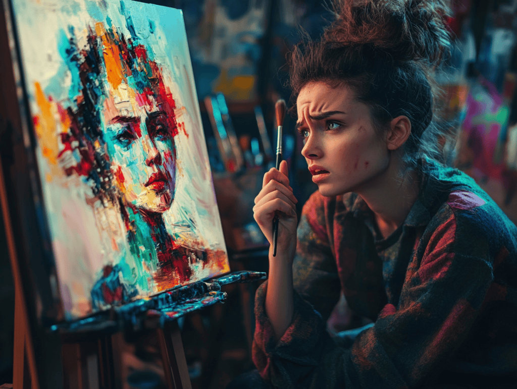 An artist holding a brush looking distraught as a digital screen beside them shows AI-generated art, juxtaposing traditional art tools with sleek digital interfaces, photorealistic style.